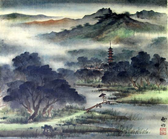 Three Chinese landscape paintings on silk, 17th - 20th century, largest 29 x 36cm.